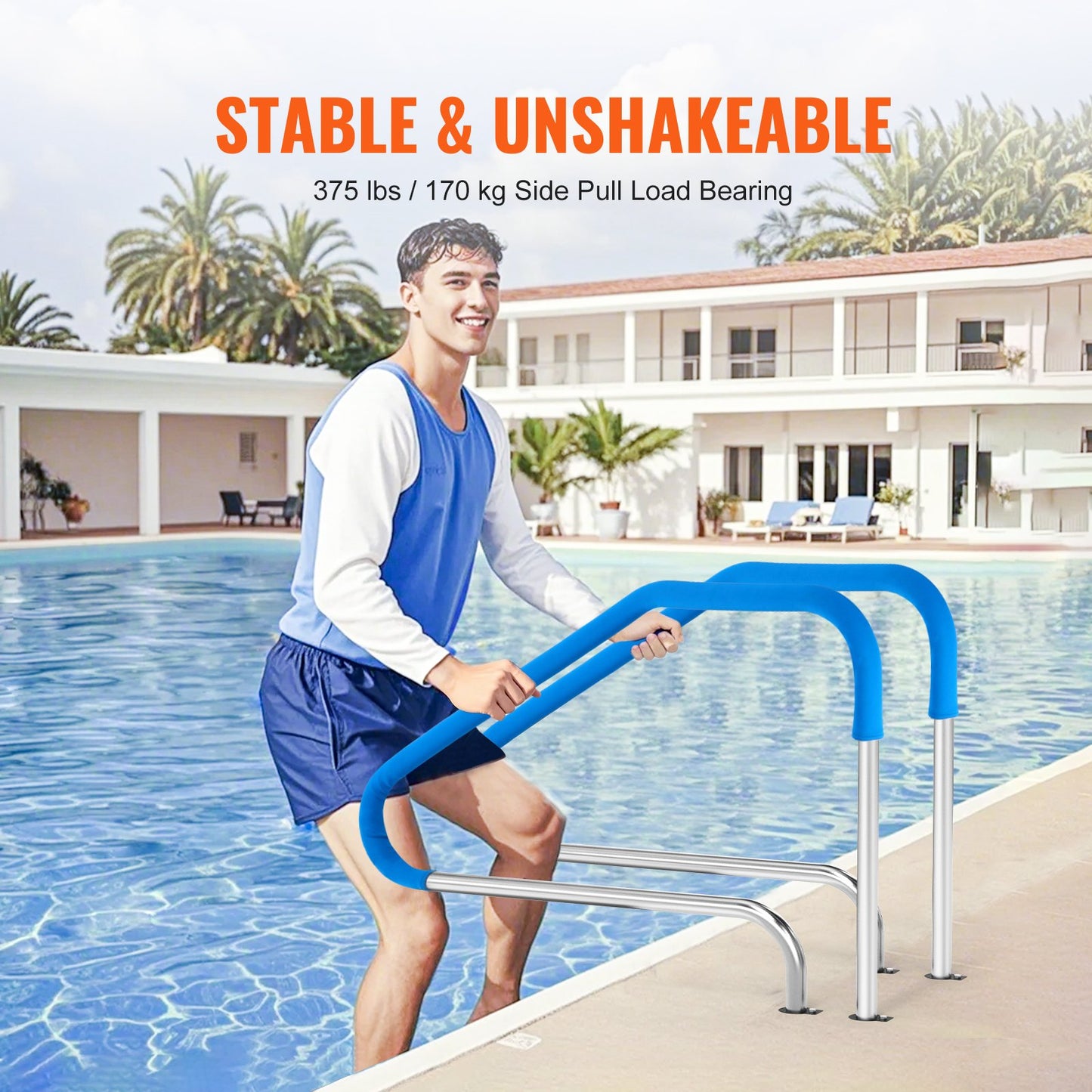 Pool Handrail,46 X 37 Inch Pool Railing, Stainless Steel (Pre-built) For Indoor/Outdoor Pools,Swimming Pool Railing For Decks,Rust-Proof Grab Bar With Blue Grip Cover&Accessories For Spas