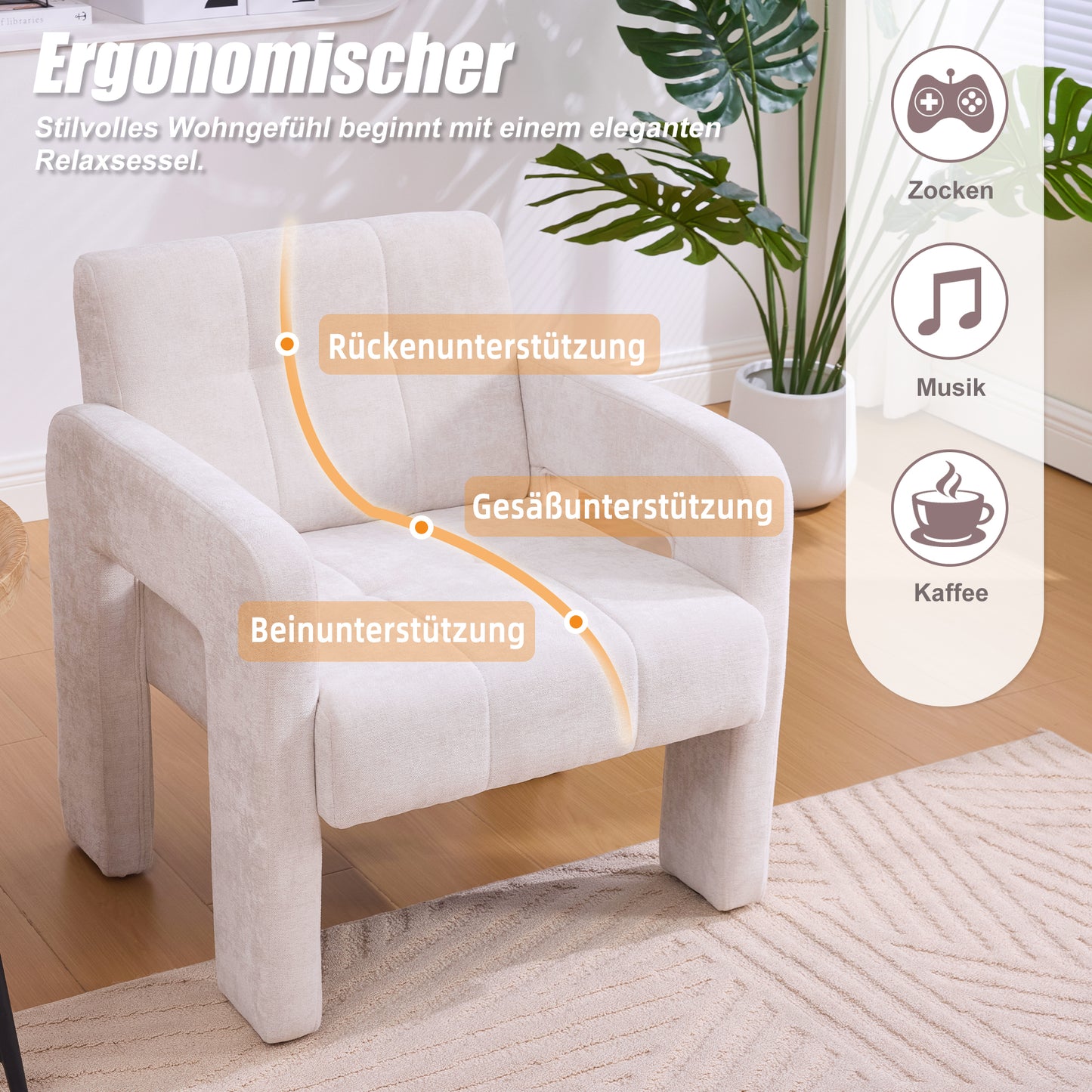 Modern Minimalist Casual Single Armchair Living Room, Bedroom, Office Area Upholstered Chair Comfortable Padded Armchair Nordic Style Casual Seating Beige Chenille