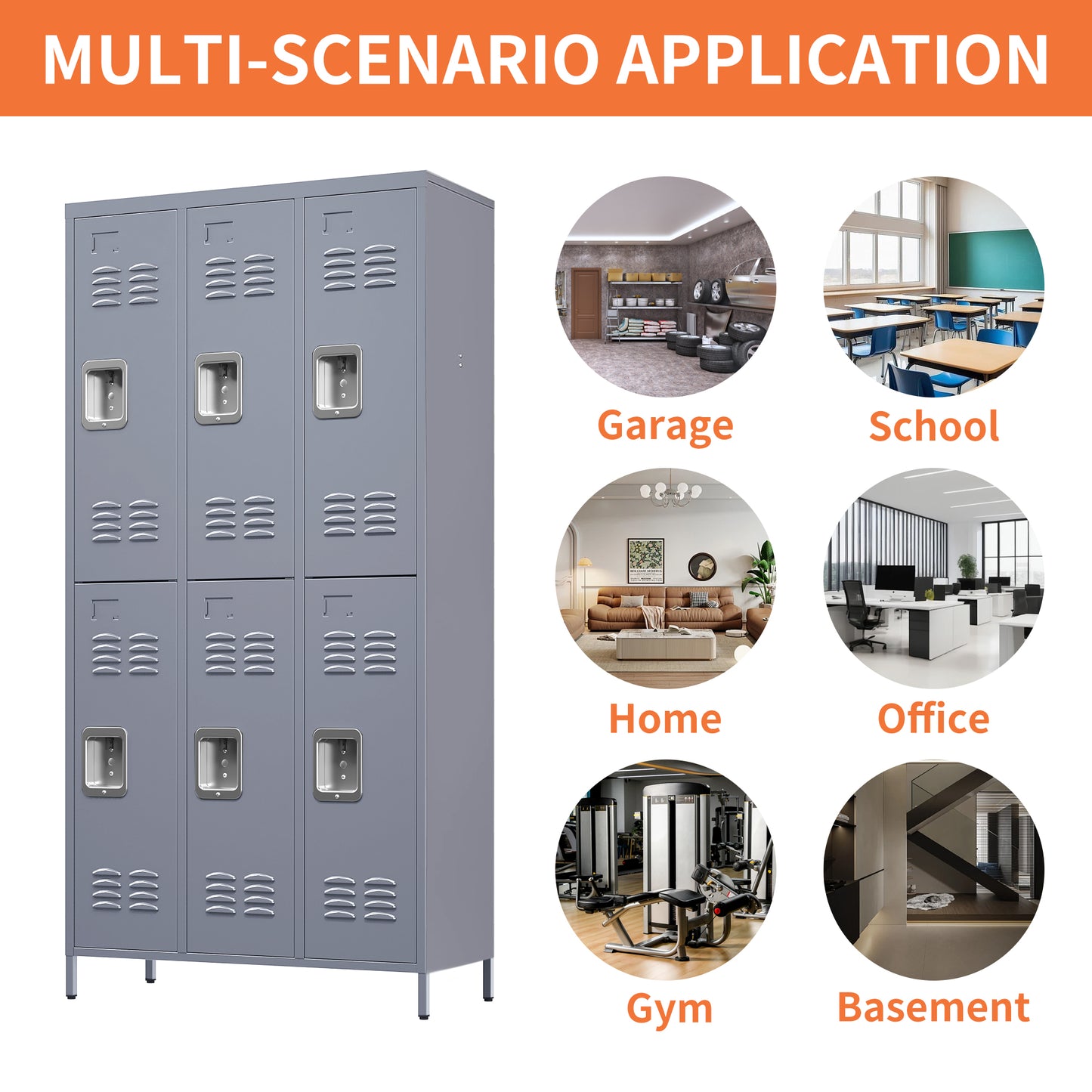 6 Door 72 H Metal Lockers With Lock For Employees,Storage Locker Cabinet  For Home Gym Office School Garage,Gray