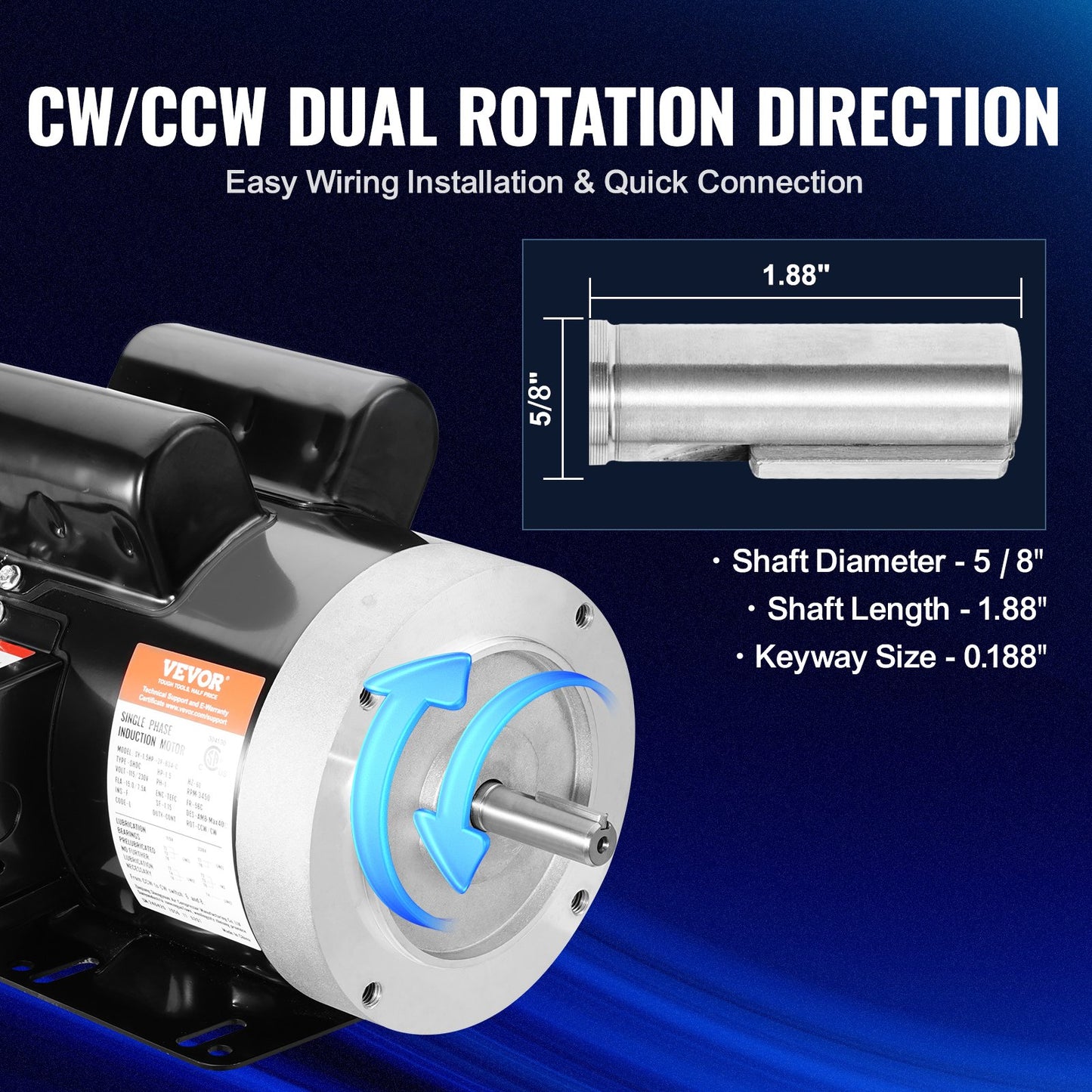 1.5HP Electric Motor 3450 Rpm, AC 115V/230V, 56C Frame, Air Compressor Motor Single Phase, 5/8' Keyed Shaft, CW/CCW Rotation For Agricultural Machinery And General Equipment