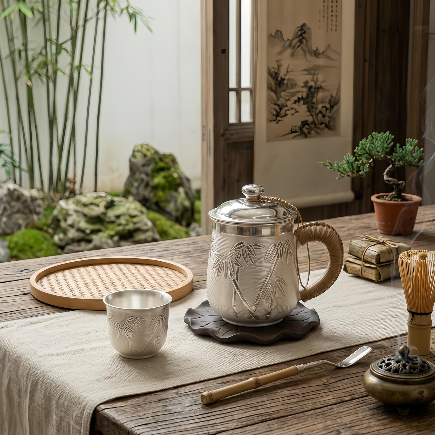 925 Sterling Silver Elegant White Ceramic Teacup with Bamboo Design and Woven Handle-Premium Tea Mug - Handicraft