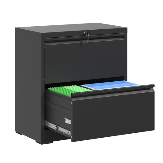 2 Drawer Lateral File Cabinet With Lock, Metal Lateral Filing Cabinet For Home Office, Steel Wide Horizontal Filing Cabinets For Letter Legal A4 F4 Hanging Files  Black