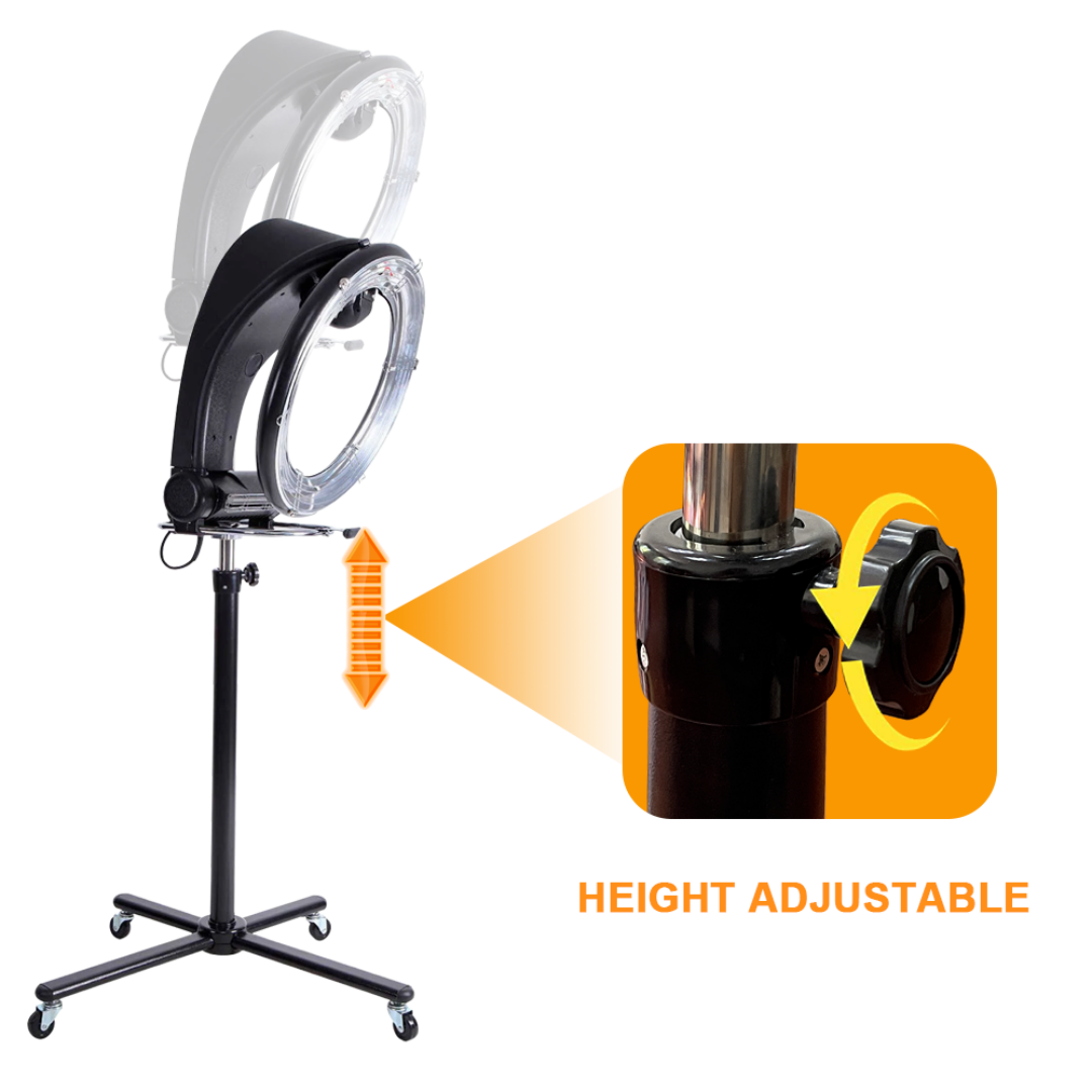 Standing Hair Dryer Accelerator Colour 360 Rotating Halo Rolling Salon EquipmentStanding Hair Dryer Accelerator Colour 360 Rotating Halo Rolling Adjustable Height 110-165cm Salon Equipment 2 2m Cord