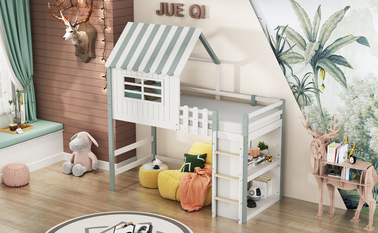 Children's Bed 90x200 Cm High And Low Bed For Boys And Girls Home Bed Roof Shape With Safety Ladder With Storage Compartment Multifunctional Bed Solid Wood Bed With Slatted Base Green