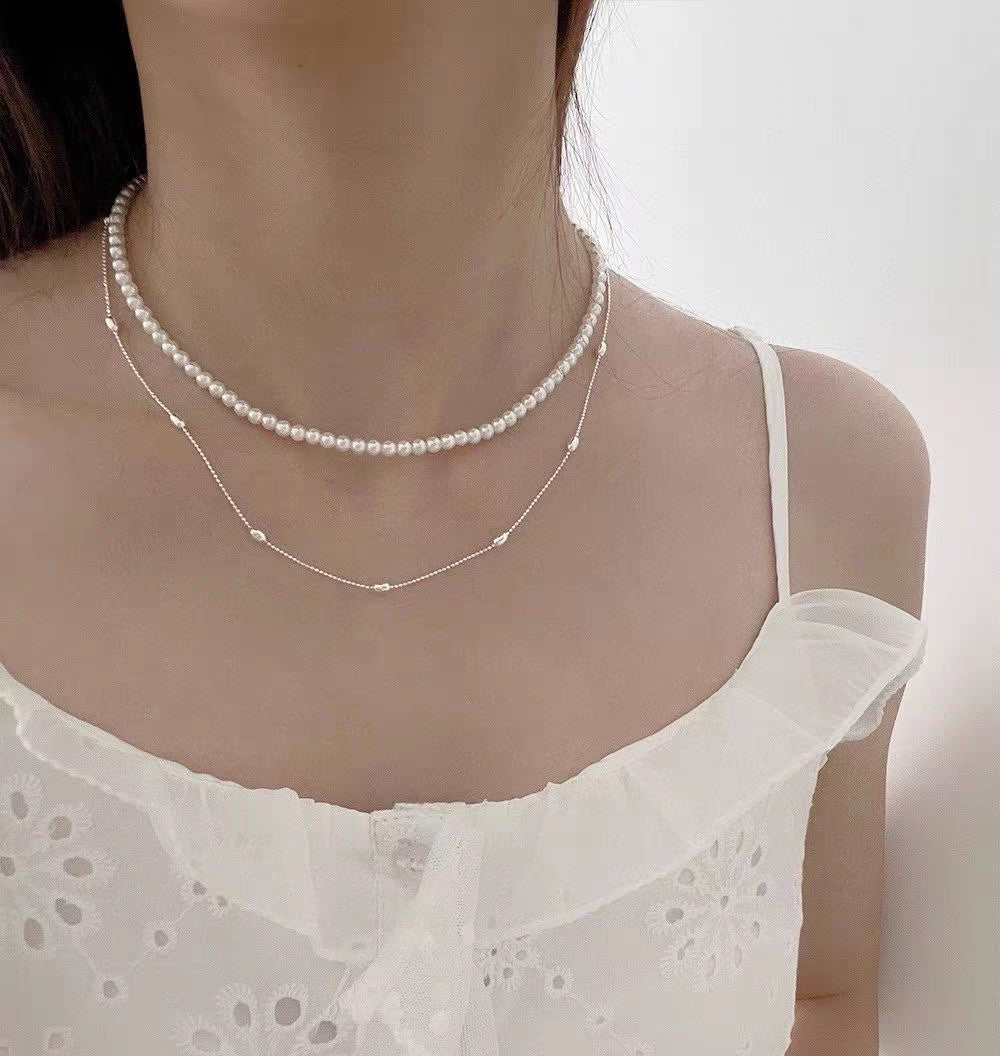 1pc 999 Sterling Silver Double-Layer Natural Pearl Thin Chain Necklace, Minimalist Elegant Style, Perfect For Daily Wear & Valentine's Gifts