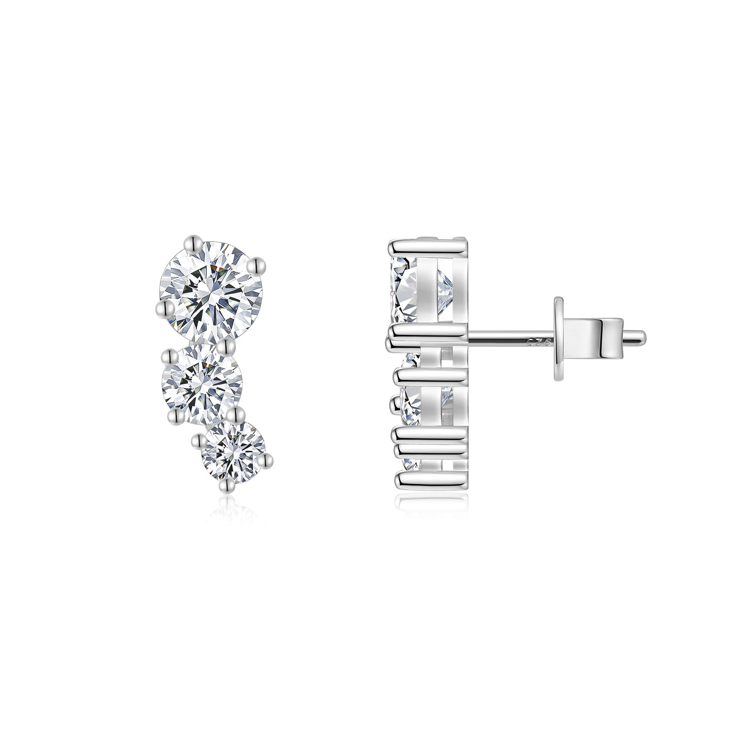 S925 Sterling Silver 3-Stone Graduated Stud Earrings, 1ct D-VVS1 Moissanite Journey Earrings, Platinum Plated 2.5g With GRA Certificate Gift Box