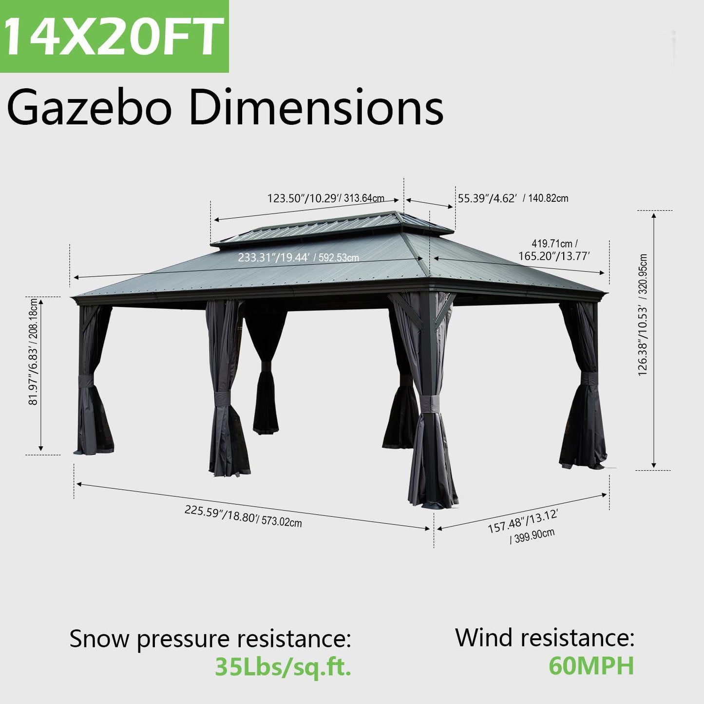 14  X20   Hardtop Gazebo With Resin Roof, Outdoor Metal Gazebo With Drainage Gutters, Permanent Heavy Duty Pavilion For Patio, Backyard And Deck, Curtains And Mosquito Netting Included