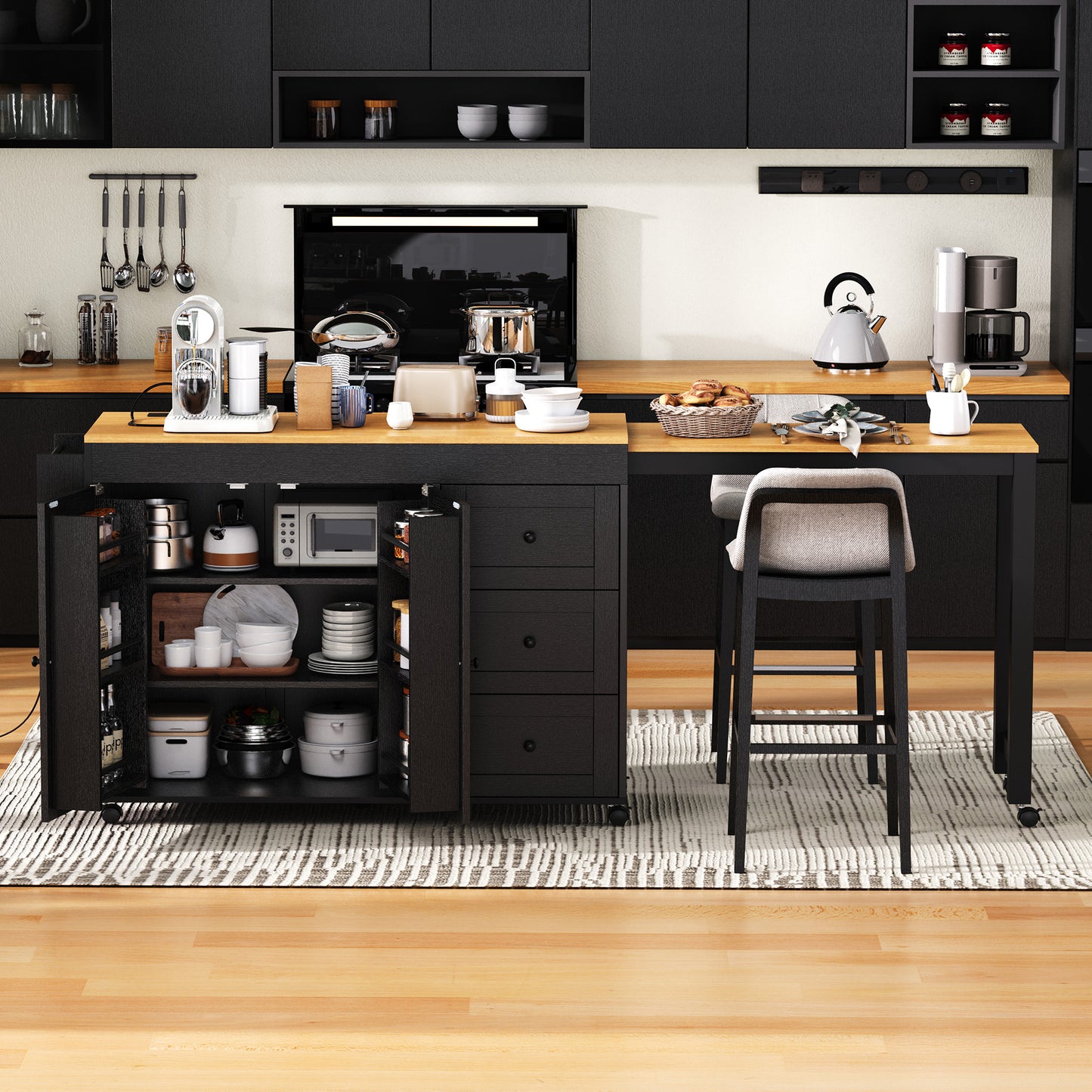 K&K 74.8   Kitchen Island With Extendable Dining Table, Kitchen Storage Cart With 3 Drawers, Power Outlet, Rolling Kitchen Island On Wheels With Spice Rack And 2 Door Cabinet, For Kitchen, Black
