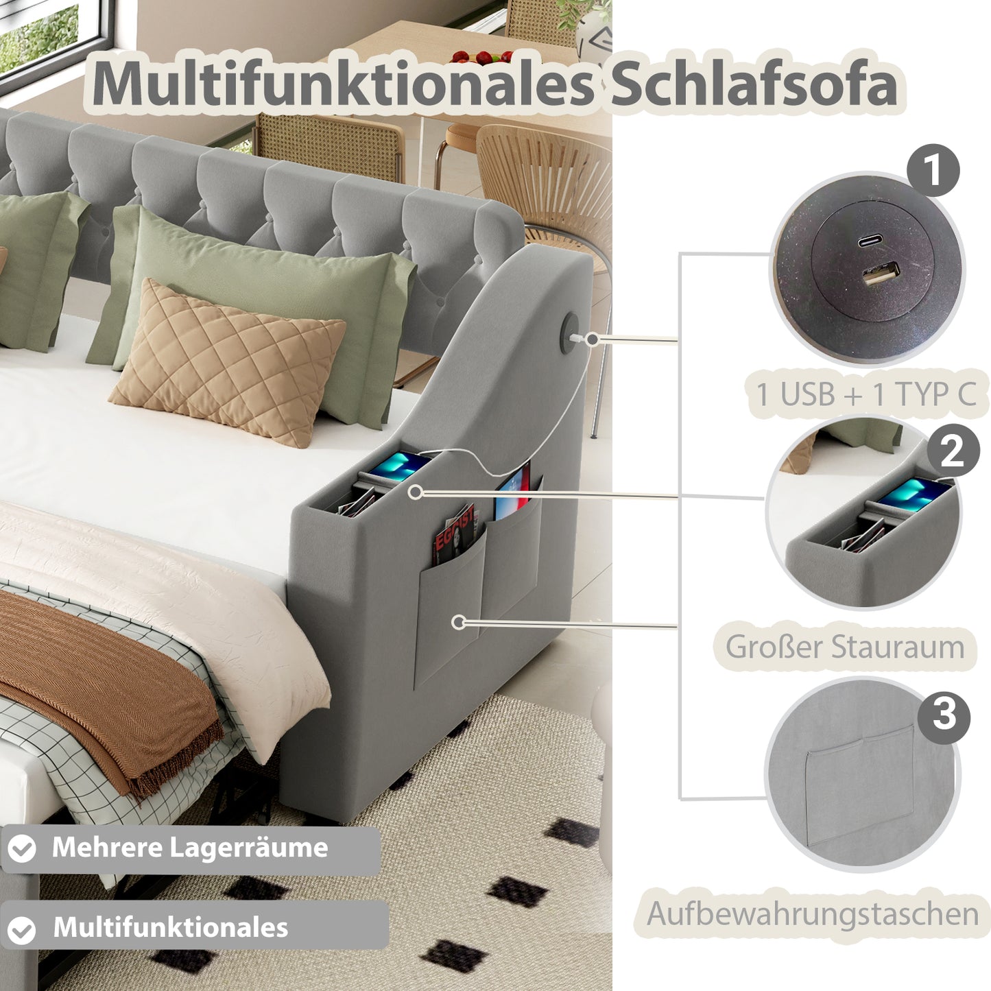 Upholstered Bed Sofa Bed, 90 180x190 Cm, Wider And Thicker Armrests With USB Charging Port, Integrated Shelf In The Armrests, With Storage Pockets, With Slatted Base, Velvet Fabric, Grey