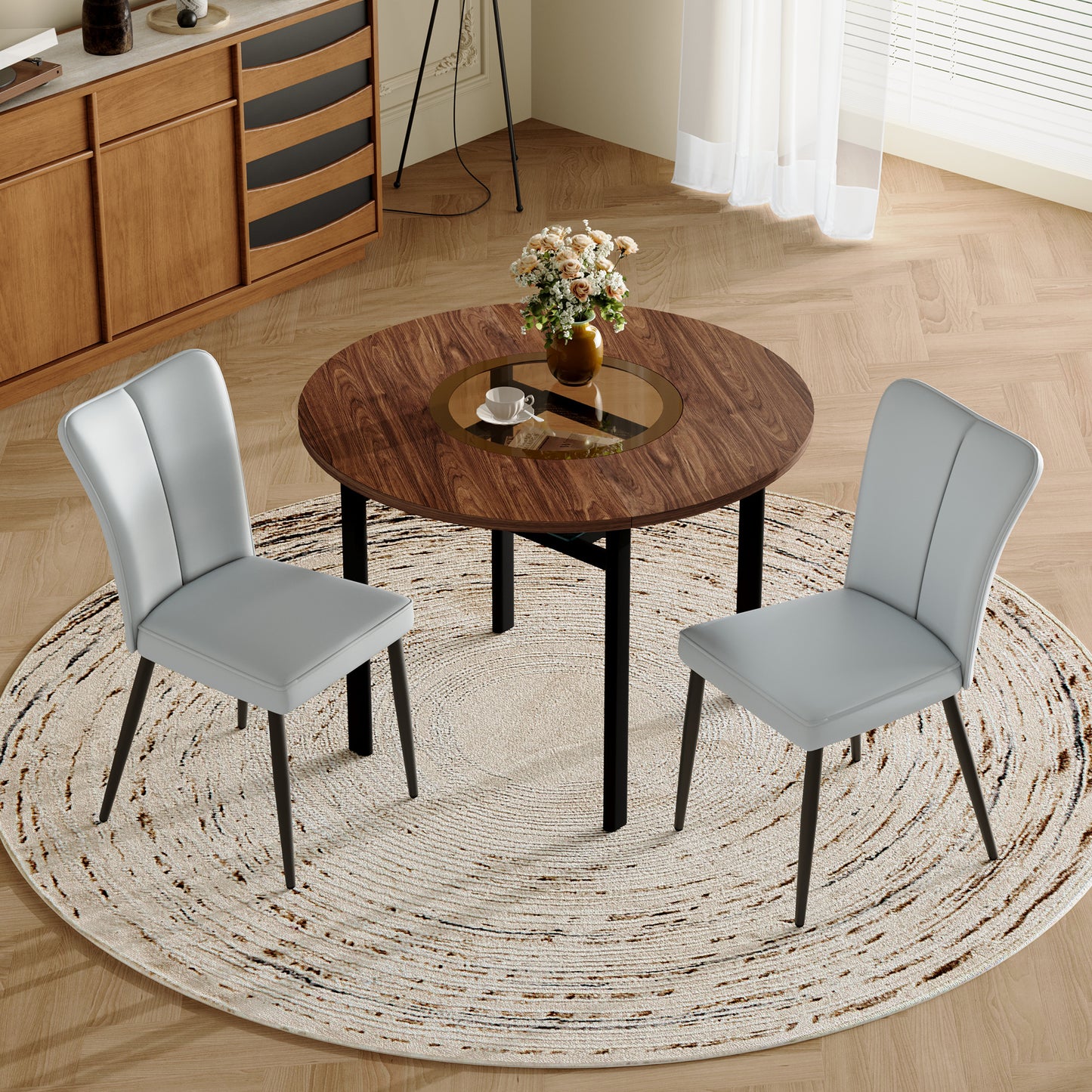 Modern Minimalist Round Dining Table Set  With 2 Light Grey PU Chairs , Round Table With 100 Cm Diameter In Wood Look, Suitable For Dining Room And Kitchen.