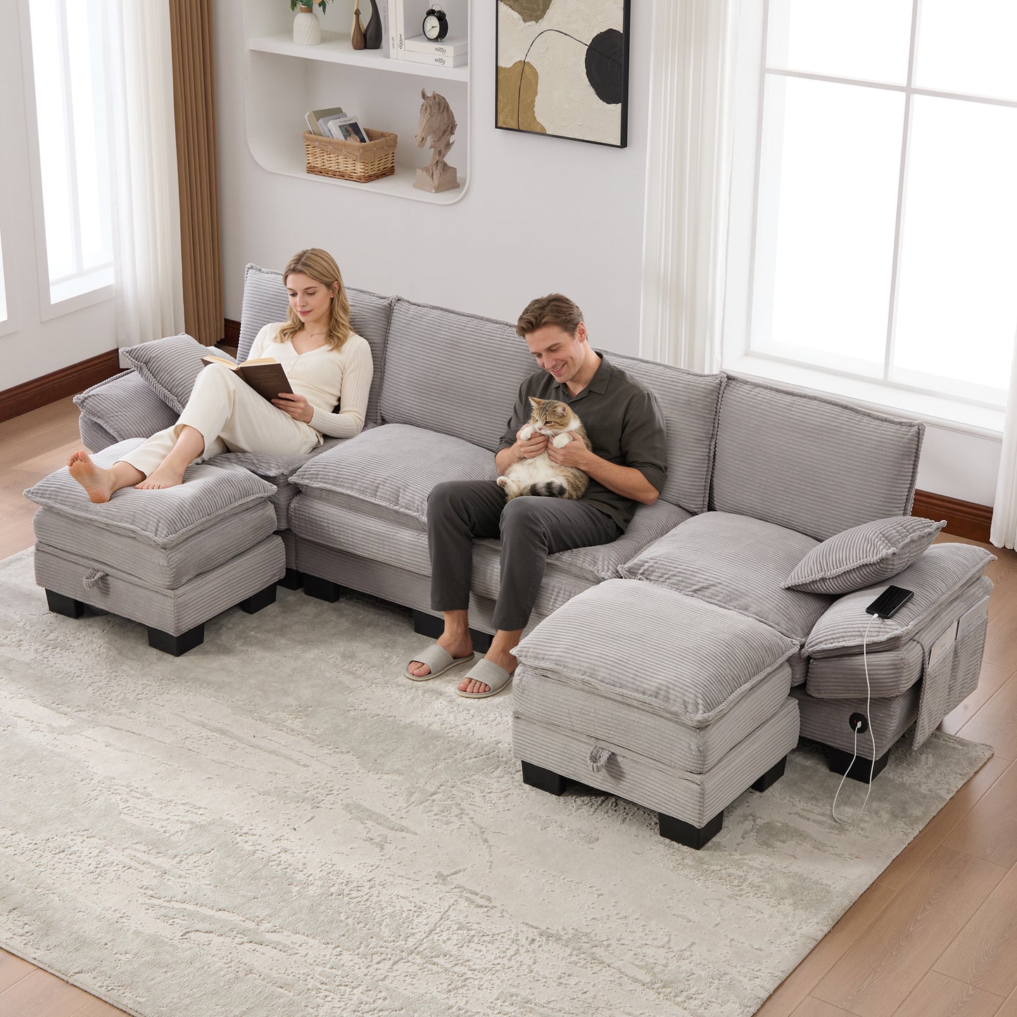 Modular 4-seater Corduroy Sofa  With 2 Stools   Wide Seat, Ergonomic Design, High-density Foam Padding, USB-C Port And Side Pockets.Ideal For Living Room, Office Or Lounge.Light Grey
