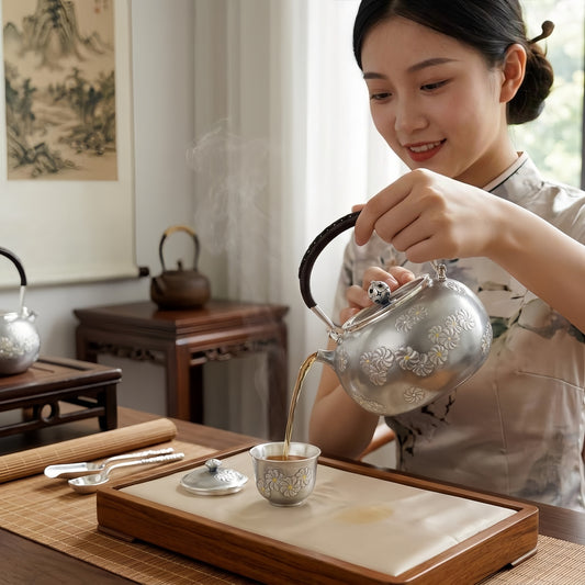 925 Sterling Silver Artisanal Silver Tea Vessel with Intricate Floral Patterns and a Rattan-Wrapped Handle - Handicraft