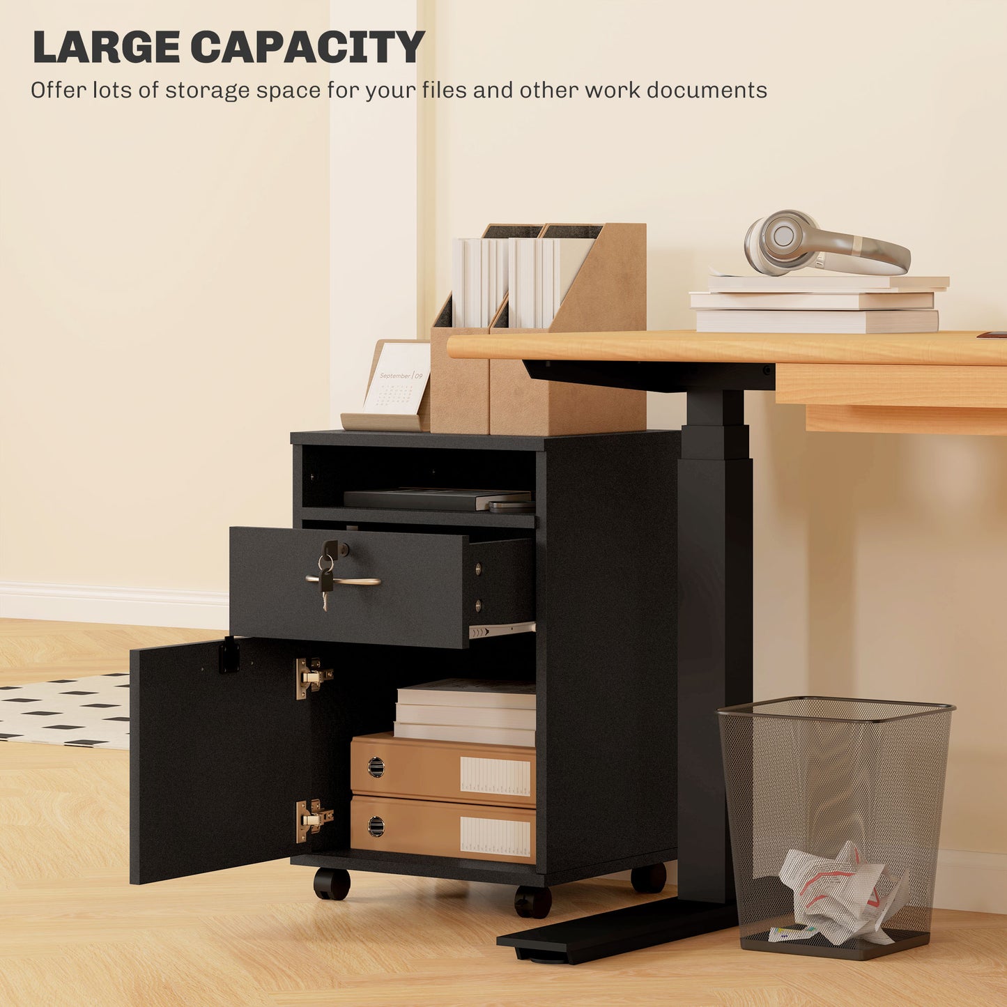 60cm Filing Cabinet With Drawer, Open Shelf, Metal Handles And 4 Wheels, Office Home Organiser Mobile Printer With Two Locks, Black