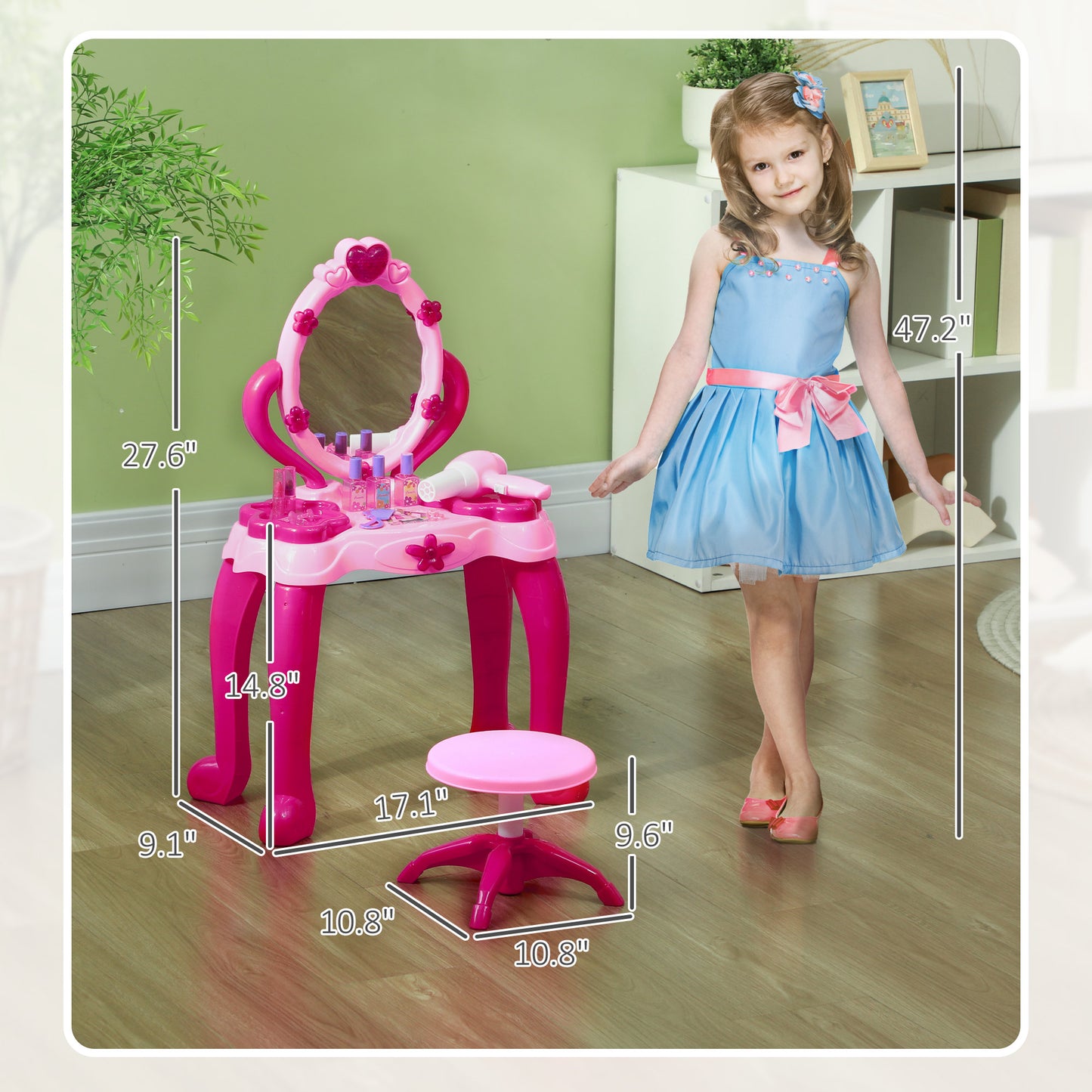 Kids Vanity Set With Mirror And Stool, Light And Sound, 15 Accessories, Pink