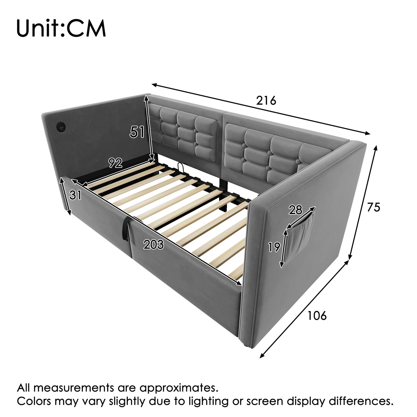 Upholstered Sofa Bed 90x200 Cm, Single Bed Sofa Bed With Hydraulic Storage And USB & Type-C Charging Station, Guest Bed With Wooden Slatted Base, Grey, Velvet, Without Mattress.