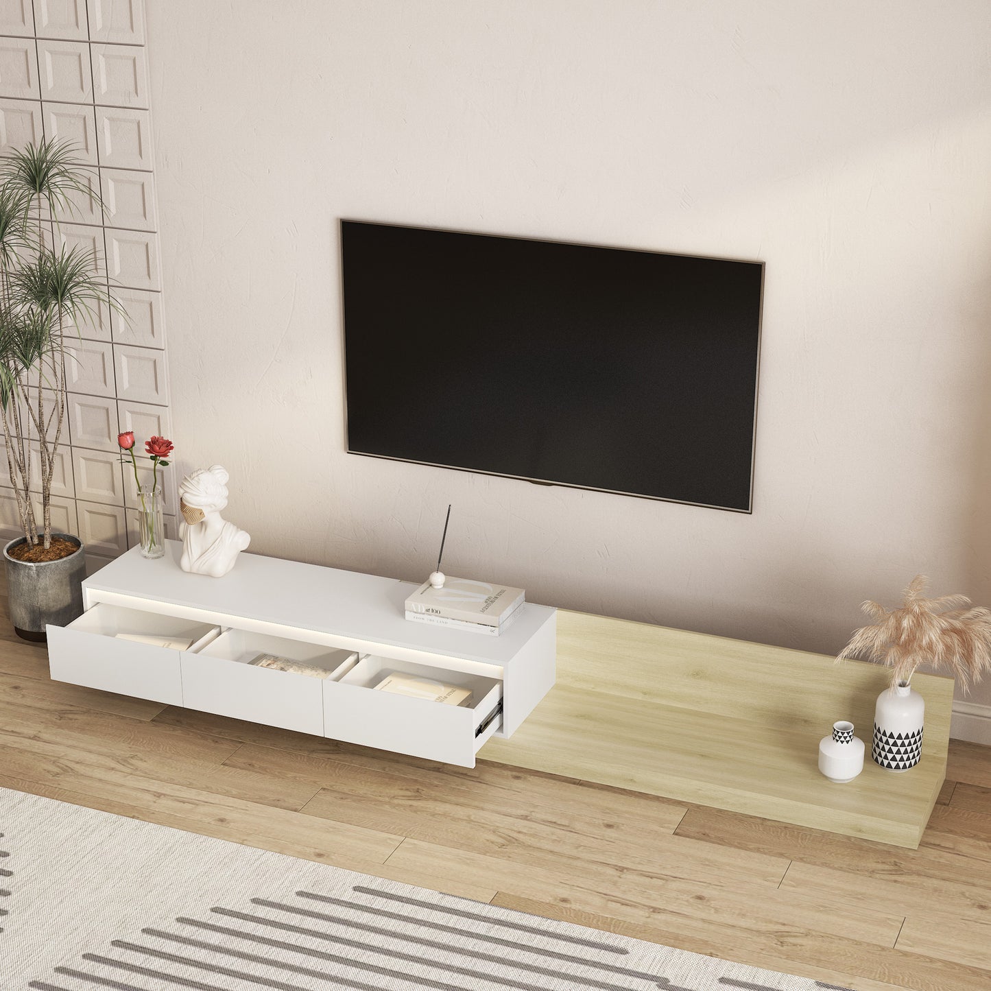 Modern TV Stand With LED Lights , Entertainment Center Wooden TV Stand, TV Stand Desk Media Cabinet With Storage For Living Room Bedroom