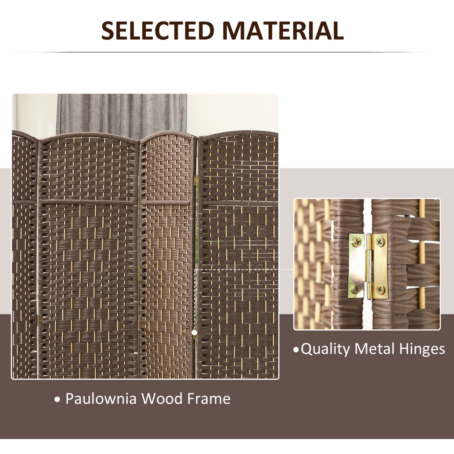 Folding Room Divider Screen 4 Panel 6 Tall Privacy Screen Freestanding Wood Partition for Home Office, Brown
