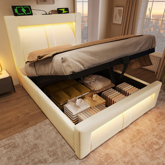 Single Bed 90x200 Cm With Storage, Hydraulic Bed, LED Lighting With App Control, USB & Type-C Charging Ports, Velvet, Headboard With Curved Design, Beige, Without Mattress