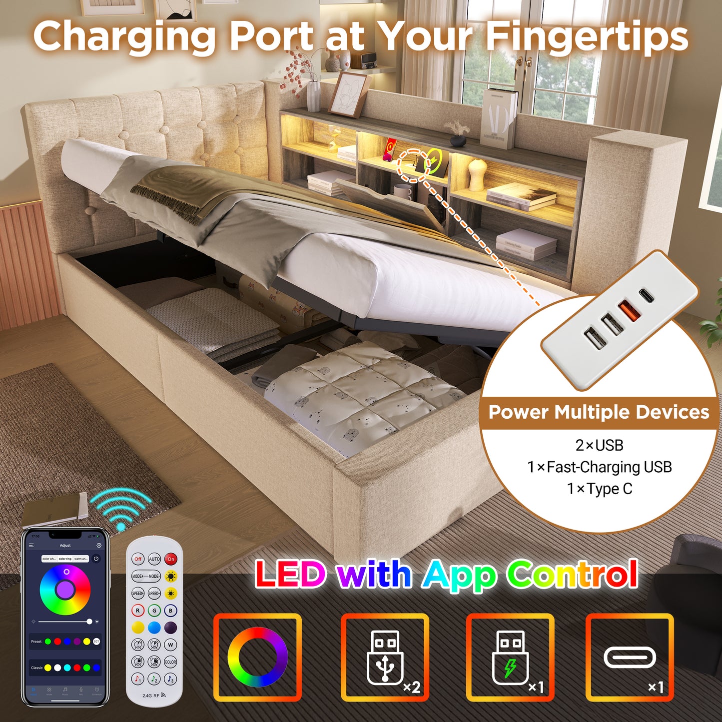 Daybed Upholstered Bed 90 X 190 Cm, 3FT Single Sofa Bed With Hydraulic Storage, USB &Type-C Charging Station, Single Bed For Living Room And Bedroom, Linen, Beige  No Mattress