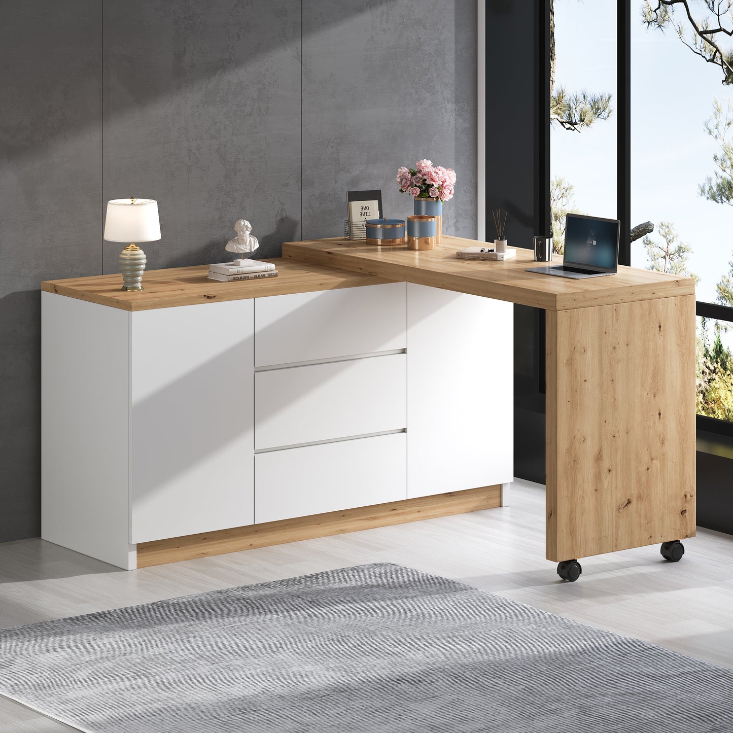 Desk With Lockable Castors  Multifunctional Design, 4 Cm Thicker, Swivel Table Top, Firmly Lockable, White , Foldable Desk, Corner Desk, Sideboard, Thick Material