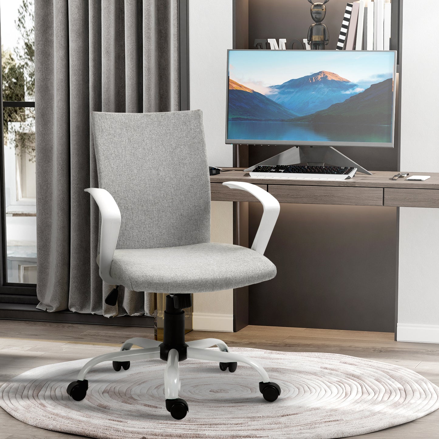 Vinsetto Office Chair Linen Swivel Computer Desk Chair Home Study Task Chair With Wheels, Arm, Adjustable Height, Light Grey