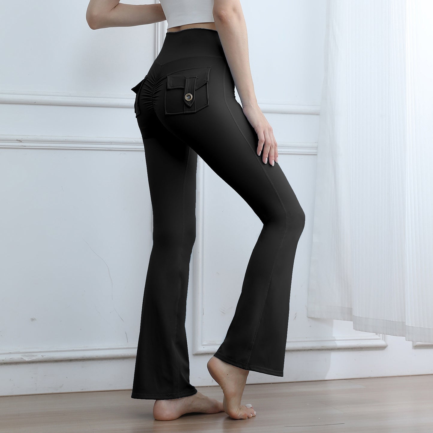 Women's High-Waisted Cargo Pocket Peach Butt Yoga Pants For Autumn And Winter, European & American Style, Stretchy Lifting Butt Quick-Dry Athletic Leggings For Running And Fitness