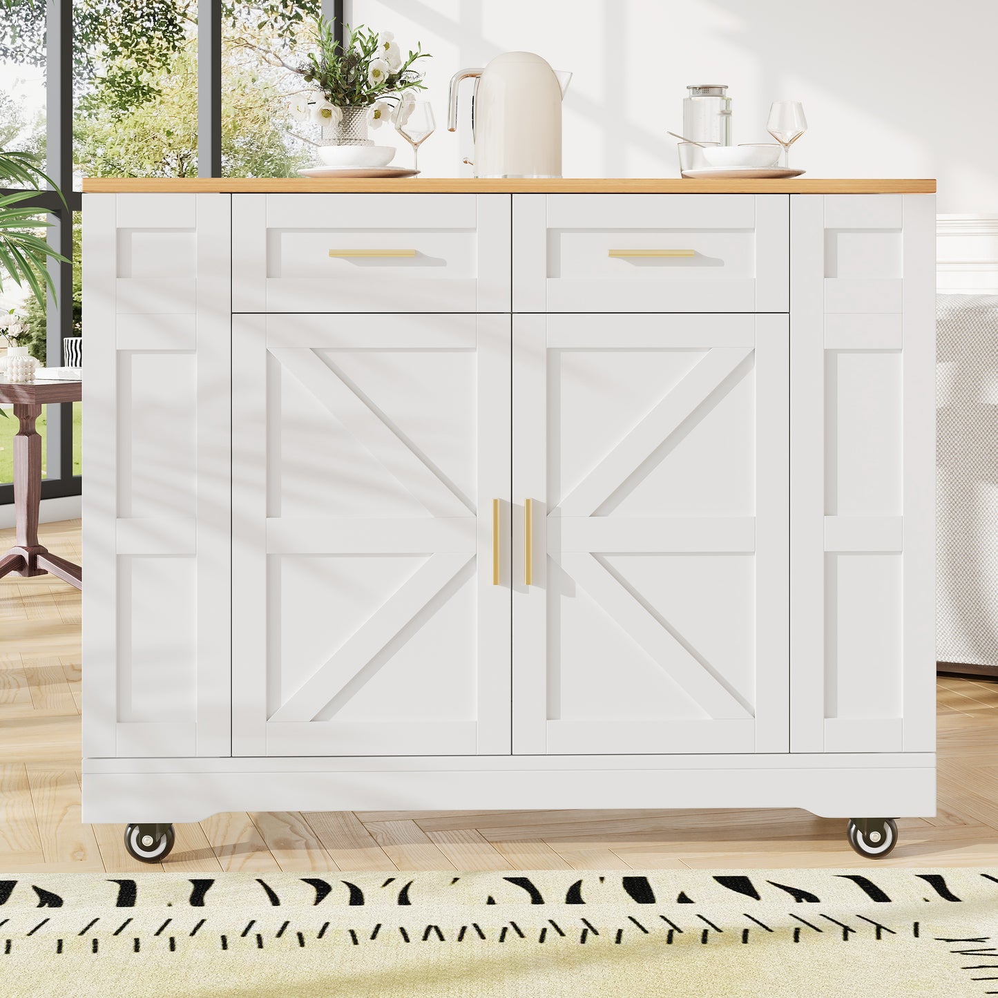 Kitchen Island On Wheels, Rolling Island Cart With 2 Drawers And Double-Sided Storage Racks, Storage Cabinet With Foldable Worktop, Mobile Carts, Portable Trolley For Home And Kitchen, White