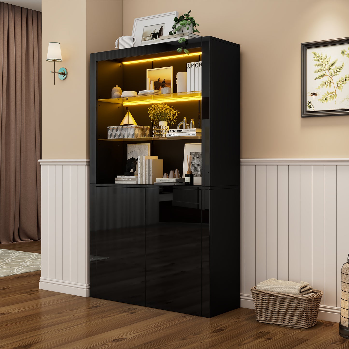 1 00x35x170cm Cabinet,Display Cabinet High Gloss Storage Cabinet With LED Lighting,2Glass Floor,2 Cabinets,Highboard, Living Room Cabinet, Storage Cabinet, Tall Cabinet, Sofa Cabinet,Black