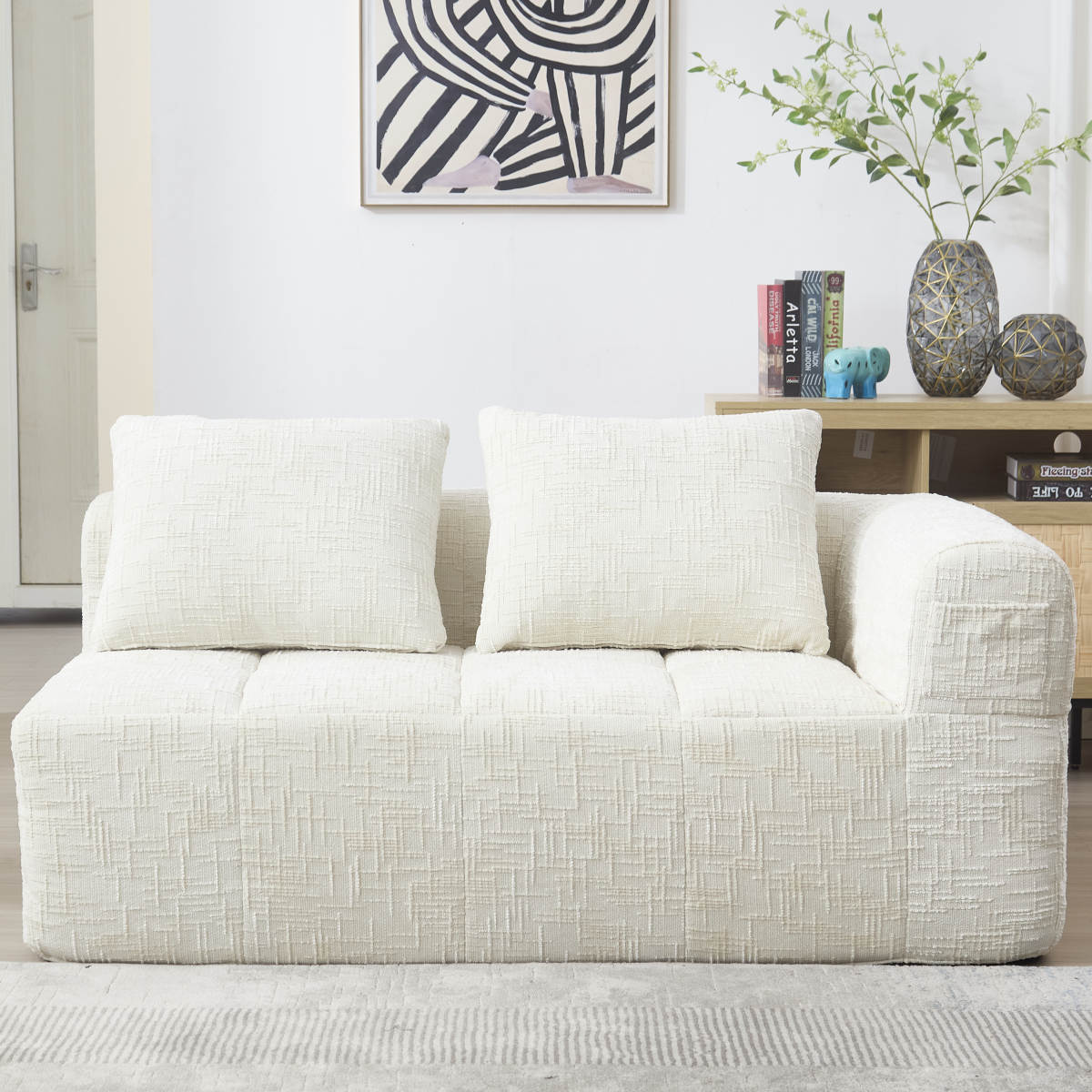 Comfortable Sofa For 2 People, No Assembly Required, Fluffy Sofa With A Cushion, Side Pockets For Remote Control And Mobile Phone, Neat And Stylish, Beige
