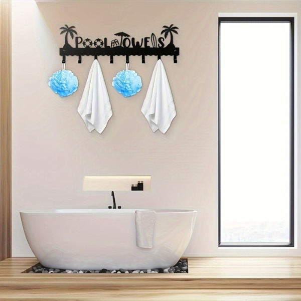 CIFbuy1 PC A Very Practical Modern Pool Towel Rack Made Of Handmade Iron With 8 Hooks For Storage, Rust Proof Wall Mounted Spa Beach Decoration, Black Coati