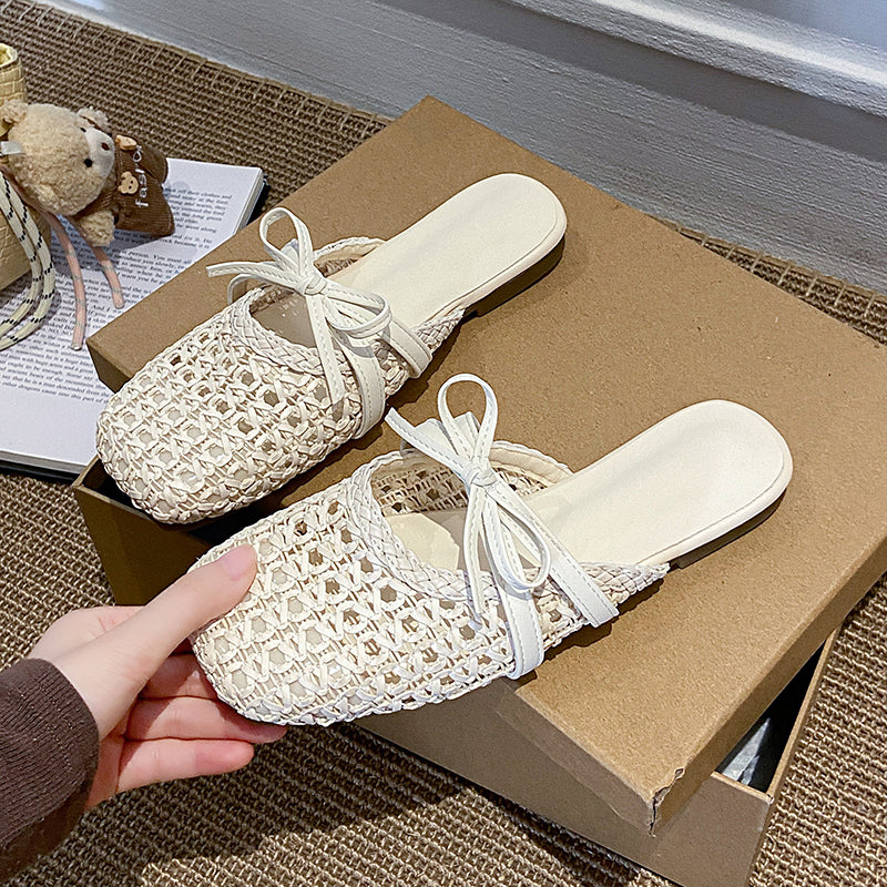 2026 Hot French Woven Hollow Out Mules For Women, Slip-on Flat Elegant Closed Toe Slides For Outdoor Summer Wear