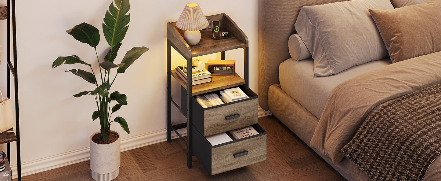 Nightstand With Charging Station Modern Bedside End Side Table With Guardrail Storage Shelf 2 Fabric Drawers USB Ports AC Outlets