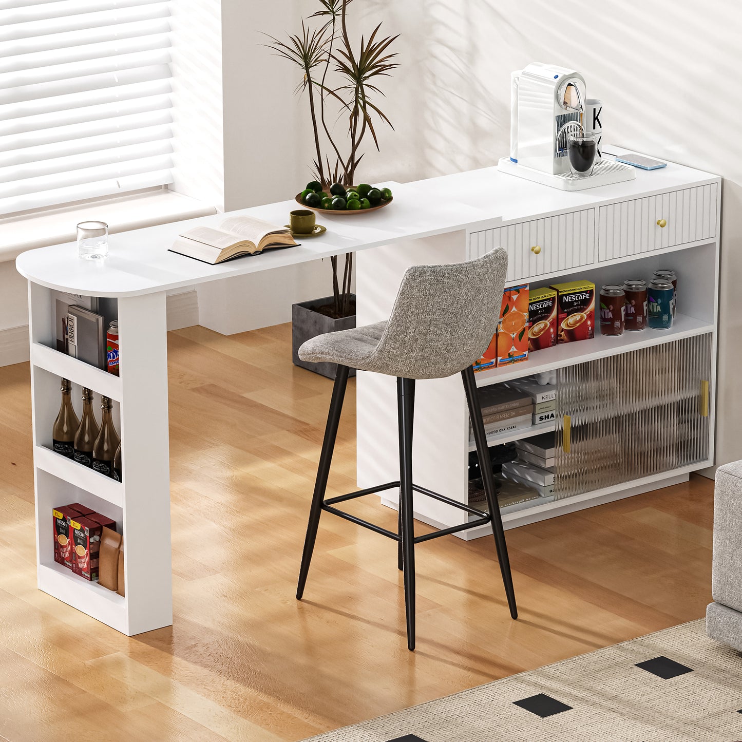 Modern Bar Table, Extendable 360 Swivel Sideboard With Storage And LED Lighting, Reversible Sideboard With Perforated Board And Sockets, Bar Table For Kitchen And Dining Room  White