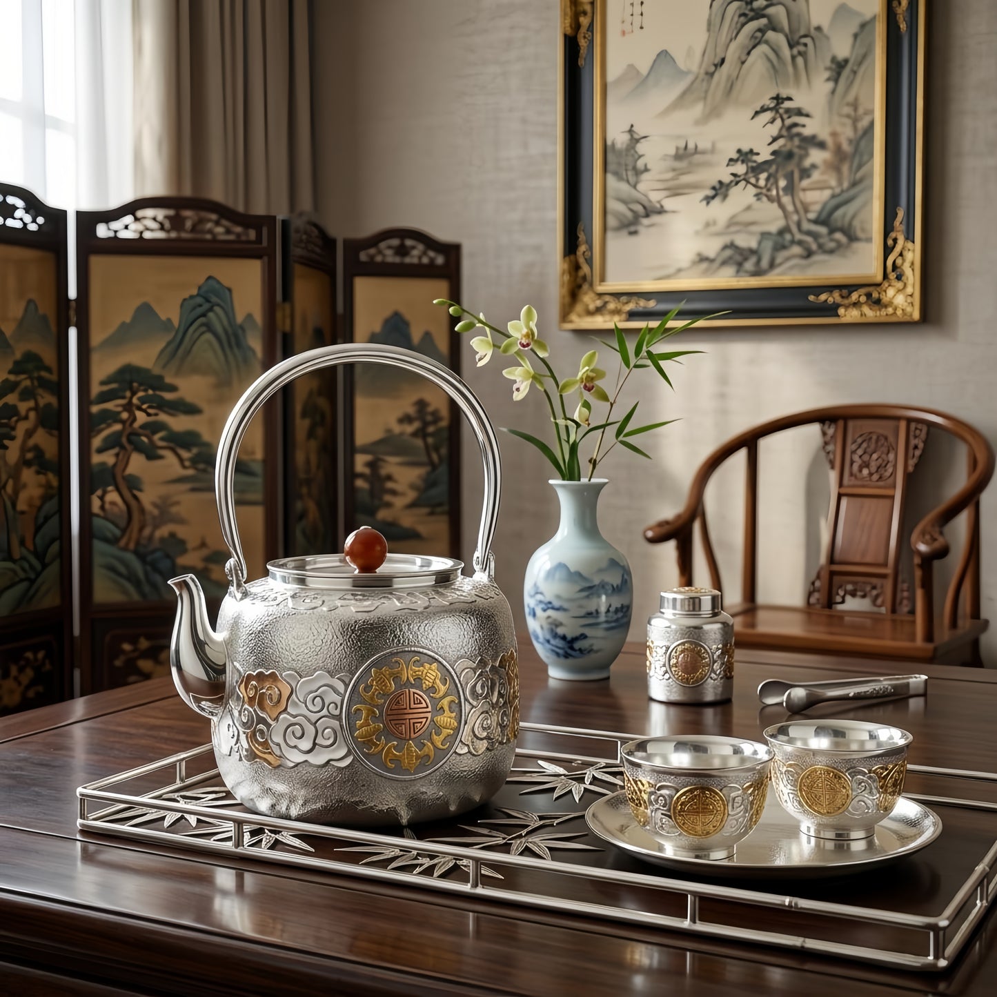 Pure 999 Fine Silver Traditional Handcrafted Silver Tea Kettle with Auspicious Bat and Cloud Motifs - Handicraft