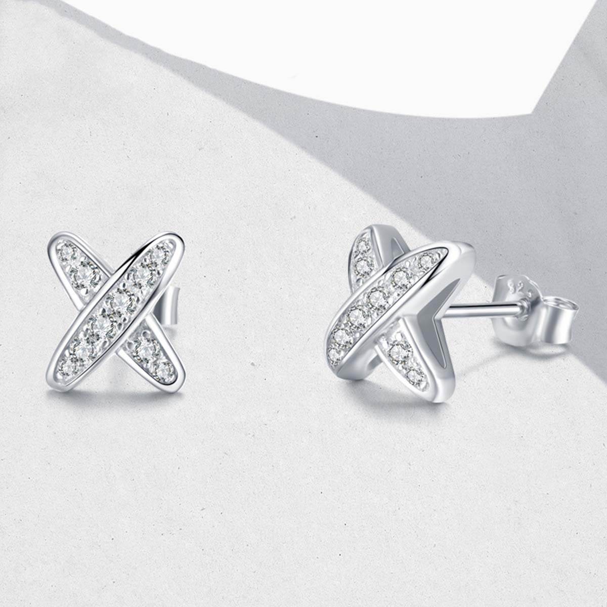 S925 Sterling Silver X-Shape Stud Earrings, D-VVS1 Moissanite Pave, Platinum Plated 1.5g Women's Jewelry Gift Box