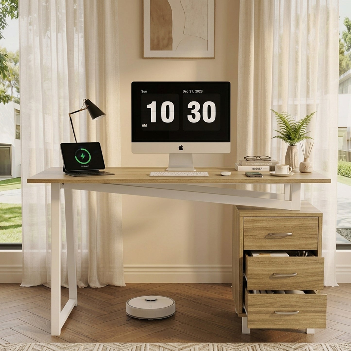 Spacious Desk With Storage Space, High-density MDF Material, Three-layer Drawer Slides, Triangular Struts, Easy To Assemble And Clean, Natural Wood White.