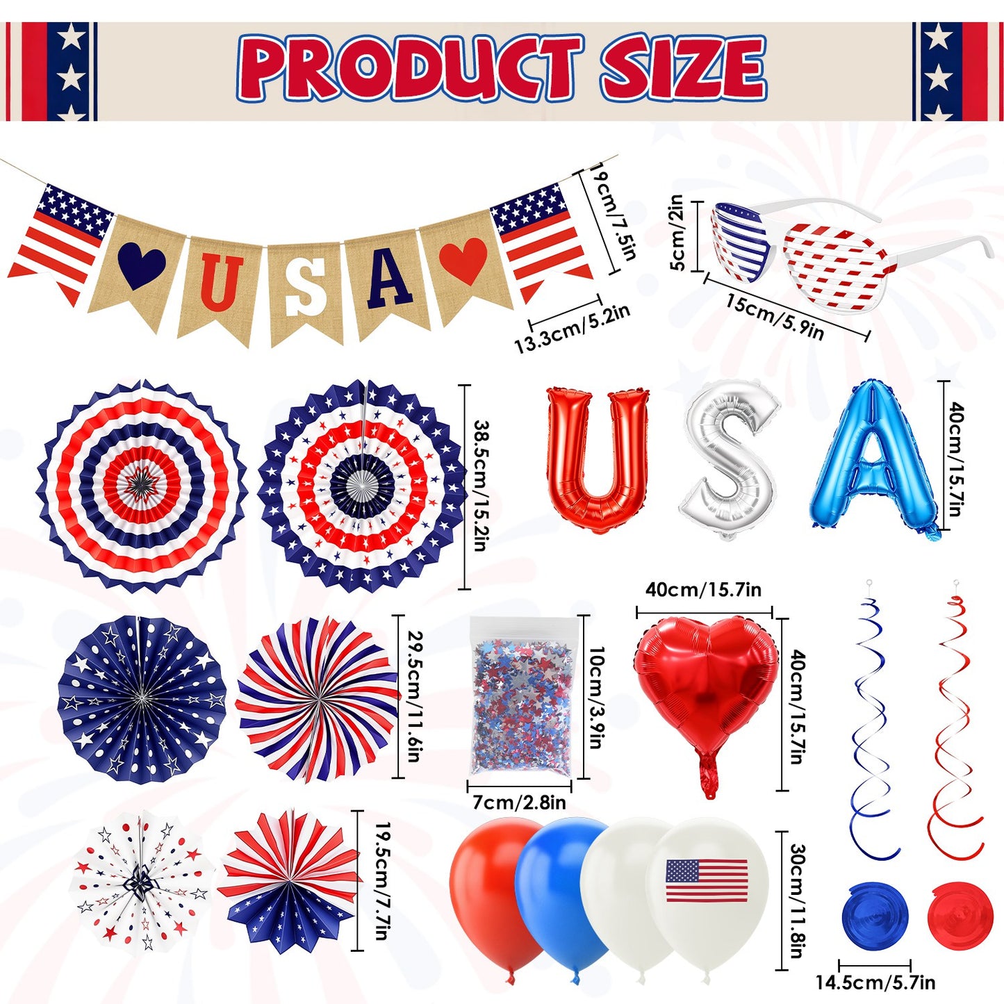 1Set 4th Of July Decorations Set,Patriotic Party Supplies With USA Foil Balloons Paper Fans Confetti Balloons Hanging Streamers Star Confetti Flags For Independence Day Memorial Day Veterans Day