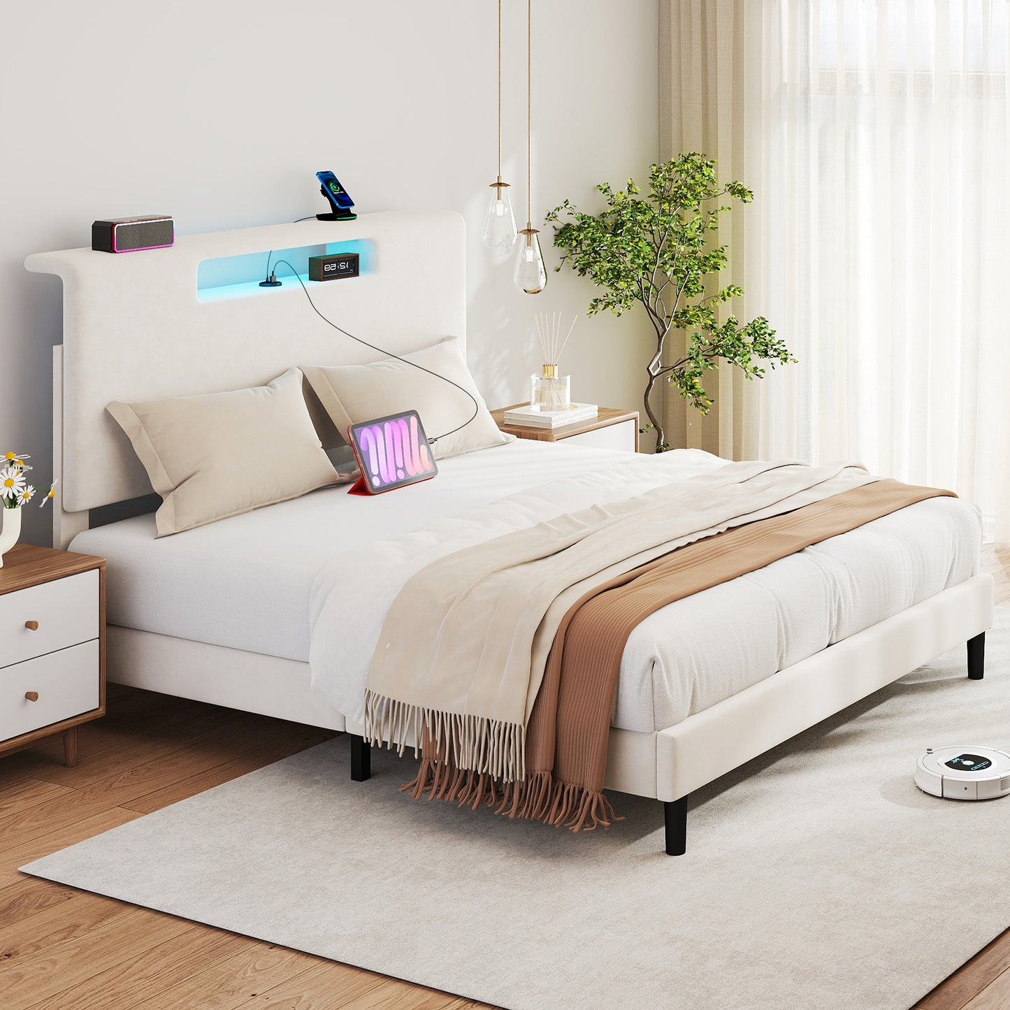 Queen Size Bed Frame With Storage Function Charging Station And Adjustable LED Light Wood Slat Support Bed Frame With Headboard Remote Control Easy Assembly