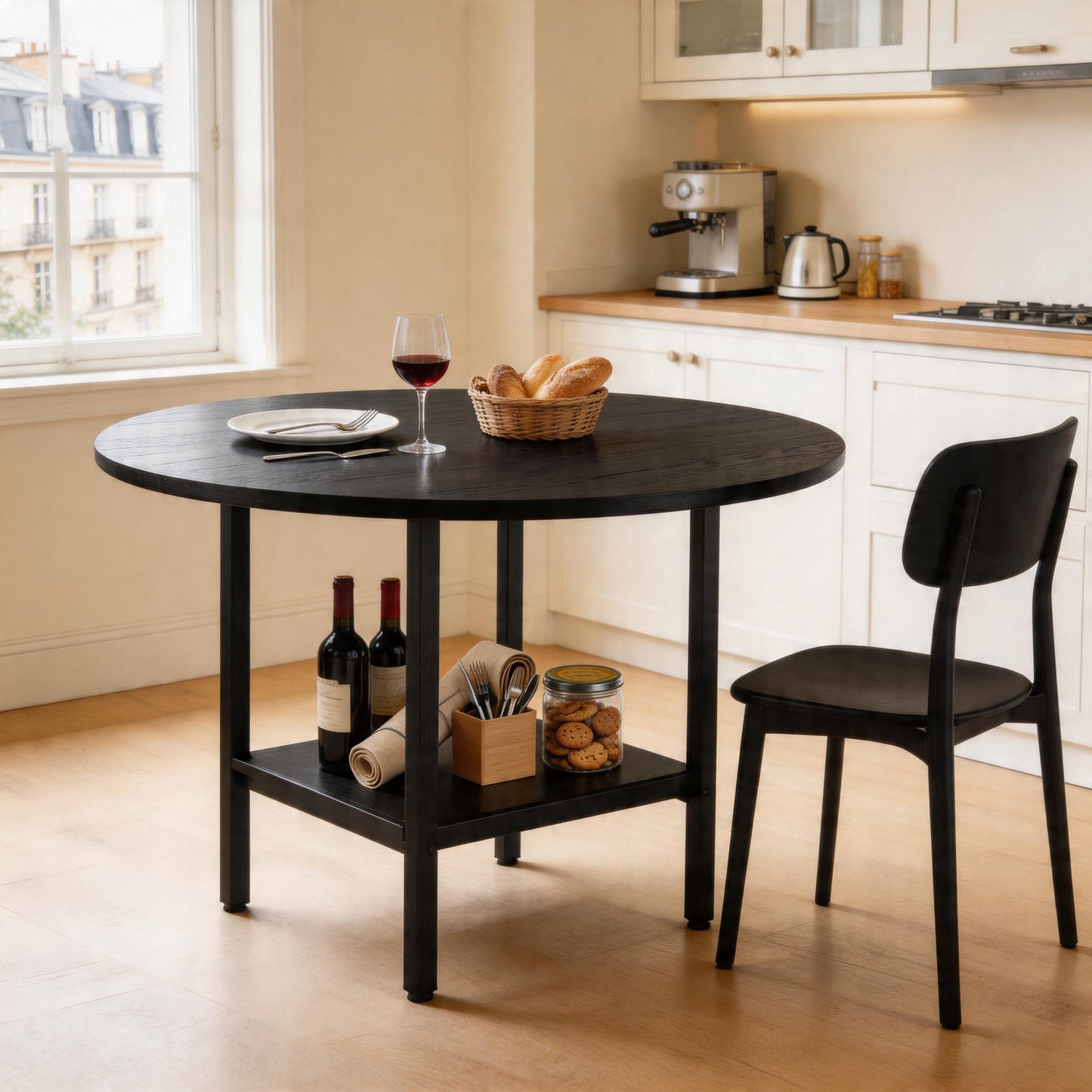 Modern Round Dining Table With Storage Shelf, Black Wood Grain And Black Metal Frame, Suitable For 4-6 People Dining Set, Ideal For Kitchen, Dining Room And Small Rooms