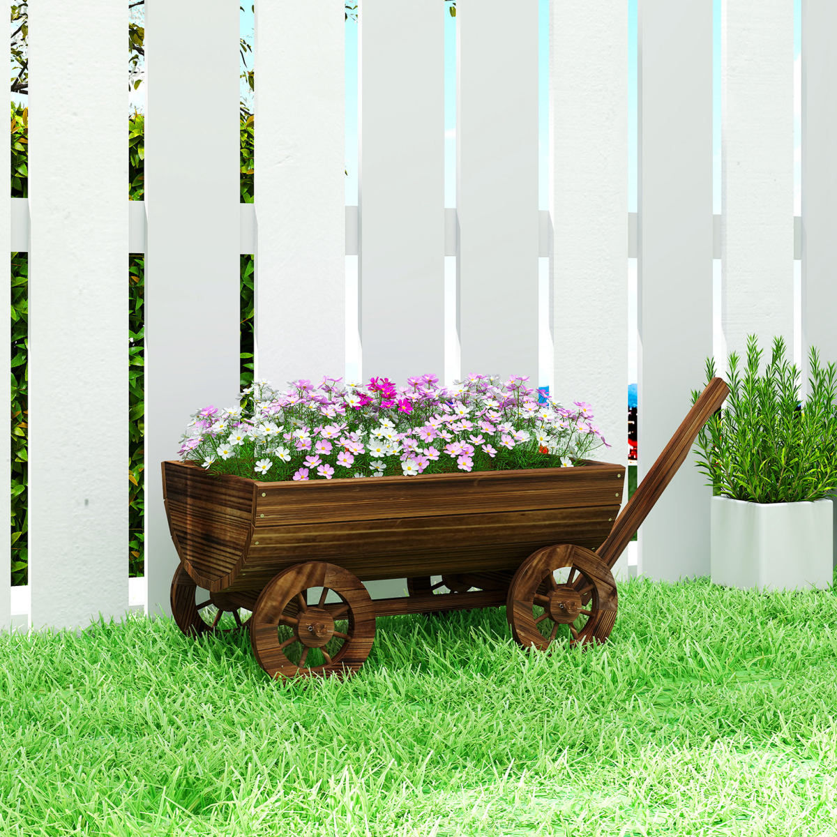 Wooden Wagon Planter Box, Mobile Garden Planter with 4 Wheels, Small Wheelbarrow Wagon Flower Cart with Drainage Hole