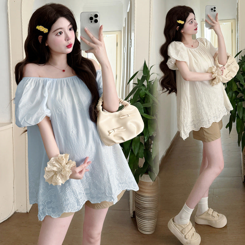 Womens Korean-style Off-shoulder Embroidered Trim Top
