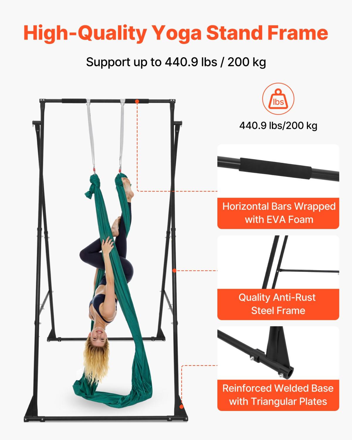 Yoga Stand Frame, Max 440.9 Lbs Load Swing Stand, Triangular Structure Pull Up Stands, Aerial Silk Stands With EVA Foam & 6.6-yard Yoga Hammock, 4-Level Horizontal & 6-Level Vertical Adjustment