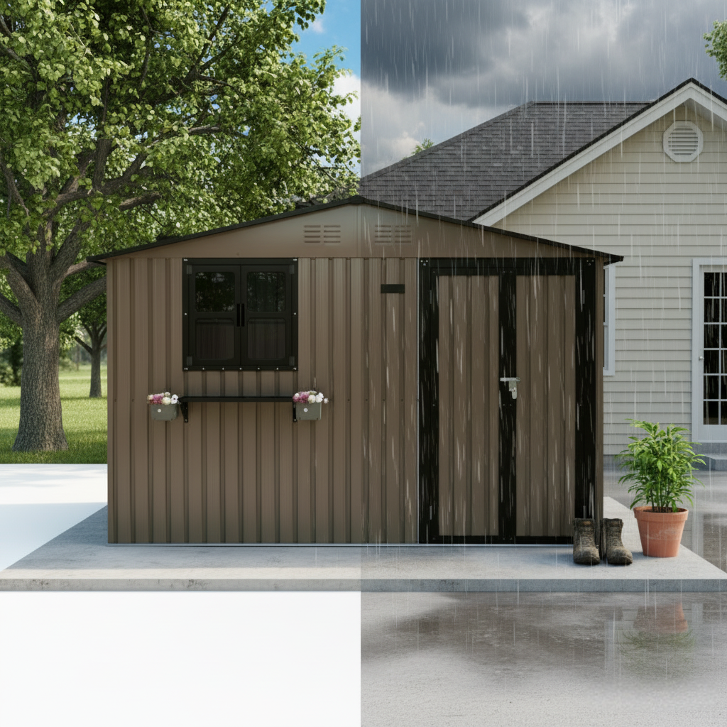 10x8 FT Outdoor Metal Storage Shed With Window & Flower Rack, Lockable Double Doors Tool Shed, Waterproof Weatherproof Garden Shed For  Patio,  Brown Black