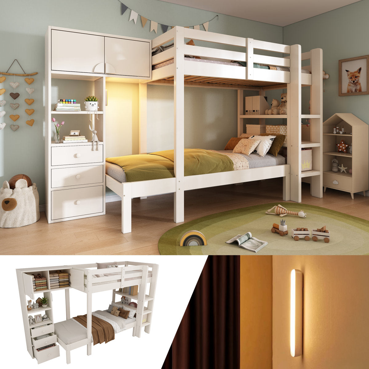 Bunk Bed 90x200 Cm With Smart Night Light, Offset Design With Wardrobe, Shelf & Drawers, Generous Storage Space, 90x200 Cm, White, EN747-1 2024