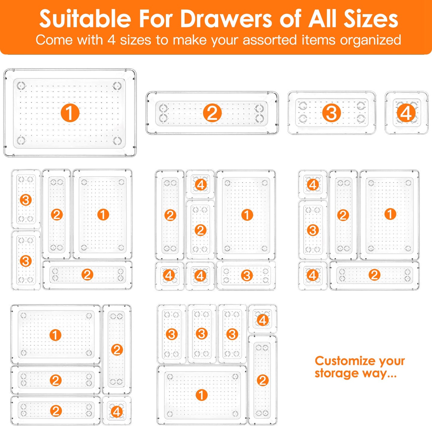 25Pcs Clear Plastic Drawer Organizers Set 4 Sizes Desk Drawer Dividers Trays Storage Bins For Vanity Cabinet Makeup Bathroom Office Kitchen Bedroom Jewelry