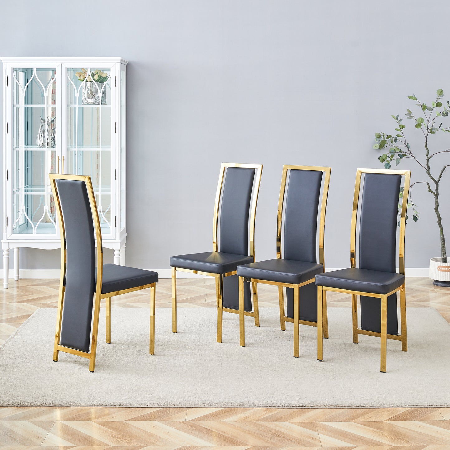 Set Of 4 European Minimalist Dining Chairs With Gold Edge. Black PU Leather   Gold Luster Metal Frame, 109cm High, For Versatile Uses Such As Dining Room, Office, Etc.