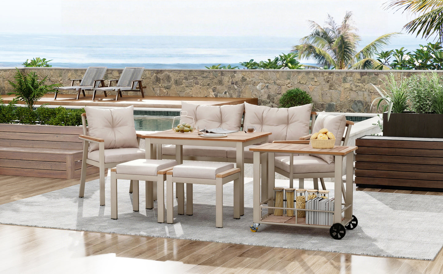 Acacia Wood Dining Table And Chair Set, Outdoor Furniture, 6-7 Seater Garden Dining Table And Chair Set With Armchairs And Removable Dining Trolley, Removable And Washable Fabric Cover