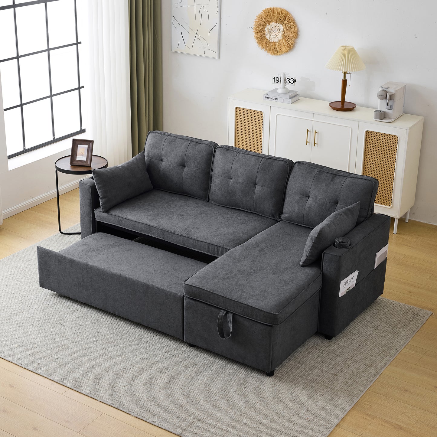 3-in-1 Convertible Sofa Bed With Internal Storage Chaise, L Shaped Sleeper Sofa Couches With Cup Holders, Pillows And Storage Pocket. Pullout Sectional Daybed For Living Room Bedroom Office, Grey