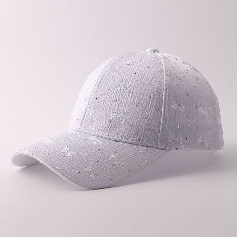 Korean-style Soft Style Bow Tie Rhinestone Baseball Cap With Textured Pleats And Breathable Brim Outdoor Versatile Hat For Outings With A Curved Brim