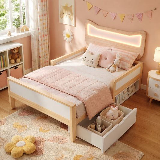 Children's Bed 90x190 Cm With Cat Ears, Headboard & RGB LED Lighting, Slatted Frame, Flexible Drawer & Storage Compartment Can Be Mounted Left Right, Child-proof Safety Gate, In White And Oak, Without